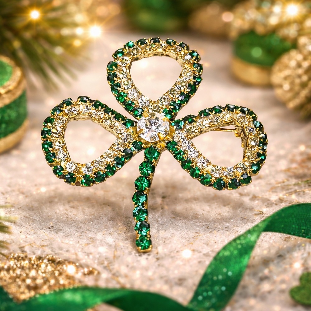 Vintage Rhinestone Shamrock Brooch